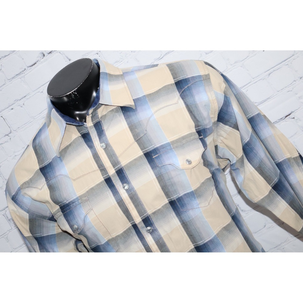 Wrangler Retro Western Shirt Mens XL Blue Tan Plaid Pearl Button Snaps Cowboy